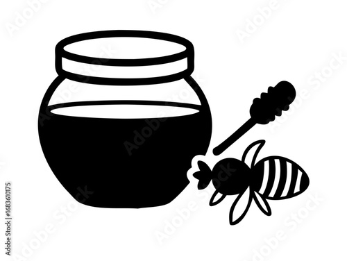 Illustration of a honey jar with a dipper and a bee in black and white simple vector drawing