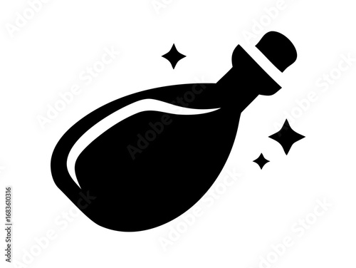 Illustration of a potion bottle with a cork and sparkles around it on a white background