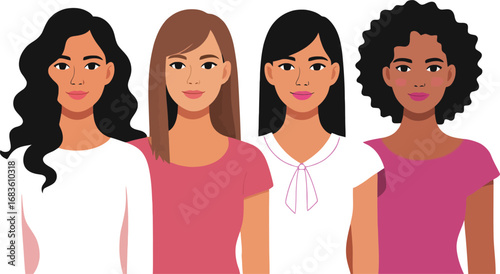 Diverse group of four women standing together with different hairstyles and skin tones