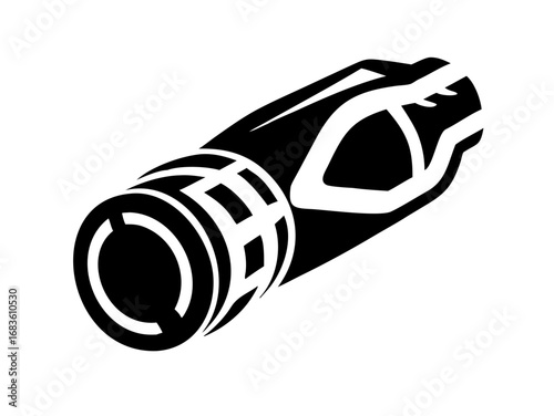 Isolated black and white graphic of a cylindrical object with patterned bands and end cap details present