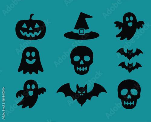 Collection of spooky halloween icons featuring ghosts bats skulls and a pumpkin