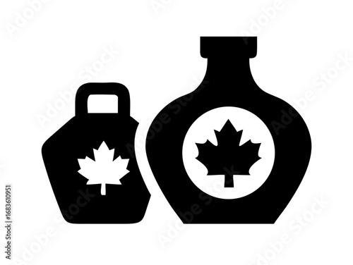 Two maple syrup containers with canadian leaf symbol in black and white vector illustration design