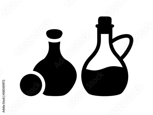 Two stylized bottles one with a handle and a stopper and one with a ball next to it in black color