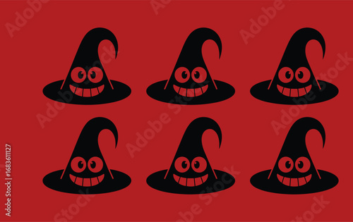Six spooky black witch hats with smiling jack o lantern faces on a red background