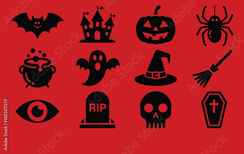 Collection of black halloween icons and symbols on a red background