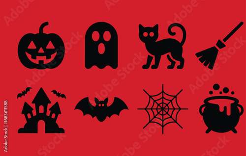 Collection of classic black halloween icons on a vibrant red background