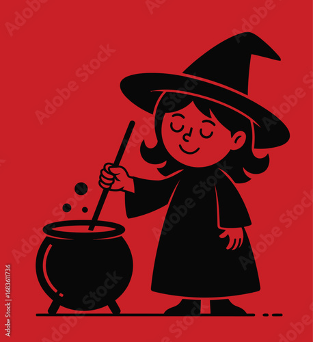 Cute cartoon witch stirring a bubbling cauldron on a vibrant red background