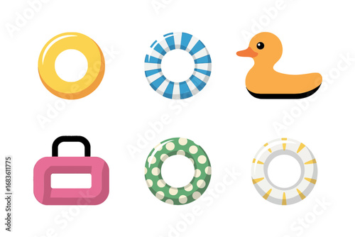 Pool float and beach bag icons, swim ring set and duck float, inflatable lifebuoy collection, summer pool party vector, flat style, isolated on white, vacation clipart