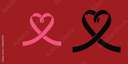 Two intertwined ribbon hearts one pink one black on red background