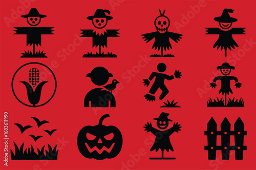 Collection of black halloween icons and silhouettes on a red background