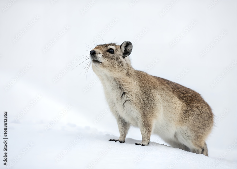 Naklejka premium A fluffy marmot sits alertly in a snowy landscape