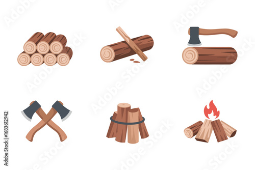 Firewood and timber vector illustrations, stacked logs, chopping axe, woodpile bundle, cut timber sections, outdoor camp supply graphics