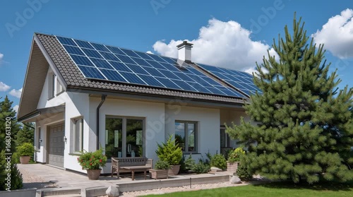 Modern house with solar panels on the roof capturing sunlight for clean energy. Sustainable home equipped with renewable power technology footage.