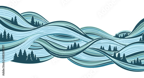 Abstract serene water waves flowing through natural forest landscape illustration banner with pine trees
