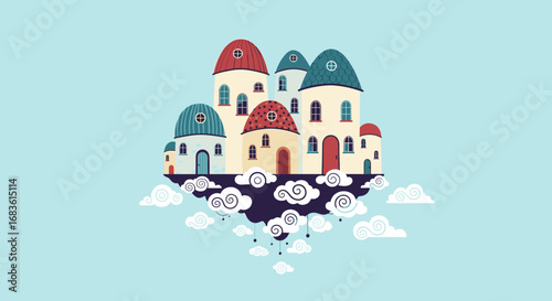 Whimsical fantasy island village floating amongst clouds with colorful rooftops and unique architecture under a clear blue sky