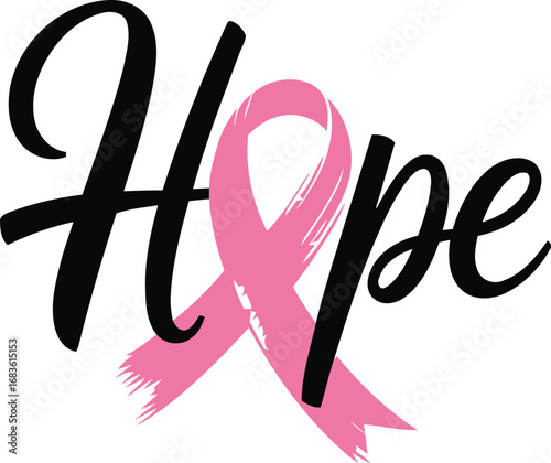 Hope written in elegant script with a pink ribbon for breast cancer awareness
