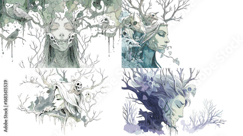 Surreal fantasy watercolor portraits with human faces merging into trees, branches, skulls, and birds in mystical imaginative art style.