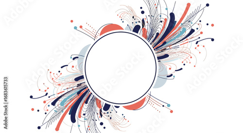 Abstract explosive burst of organic shapes and lines around a central circle emblematic of creative energy and dynamic expression