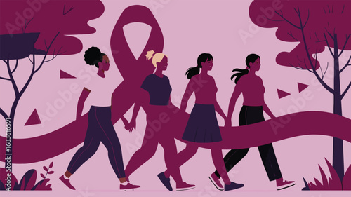 Diverse group of women walking together with a large awareness ribbon