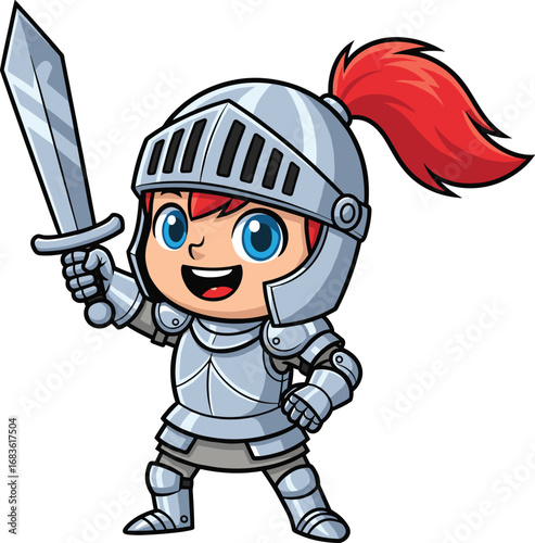 Cartoon illustration of cute little knight in shining armor holding sword, medieval warrior with red plume helmet, fantasy brave illustration of cute little  l 