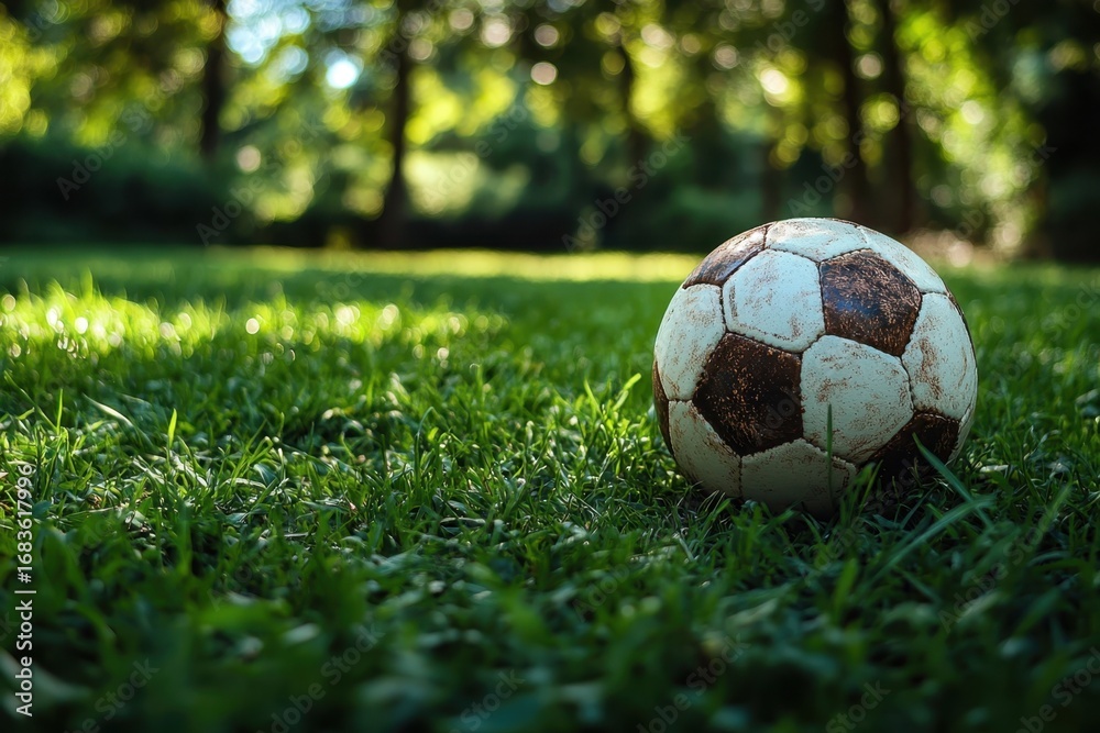 Obraz premium A weathered soccer ball resting on lush green grass in a serene park under sunlight