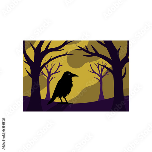 A solitary black crow stands silhouetted against a moody atmospheric background of stylized trees and a hazy yellow sky evoking a sense of mystery and the supernatural