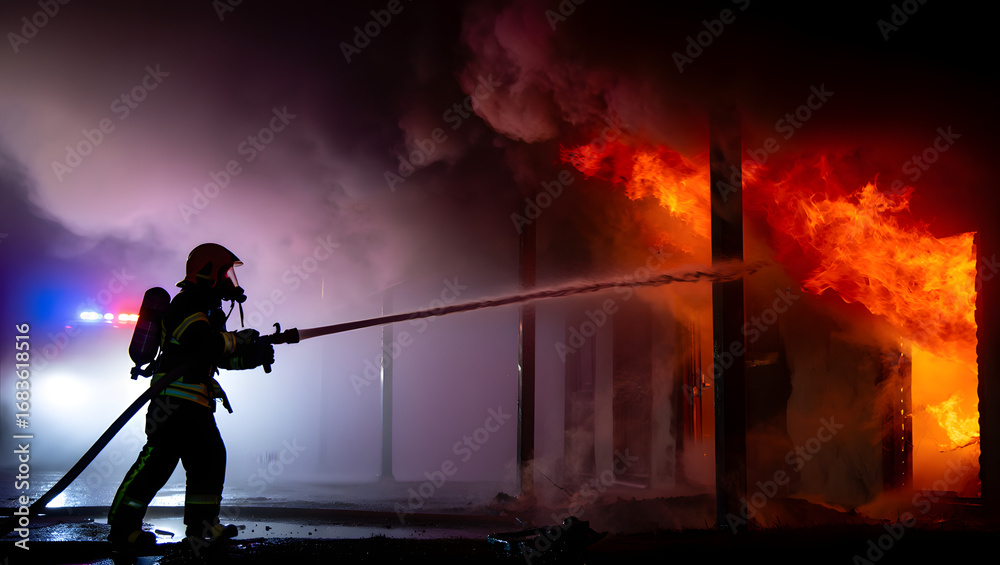Obraz premium A firefighter in full protective gear including a black turnout coat with yellow reflective stripes, protective pants, boots, 
