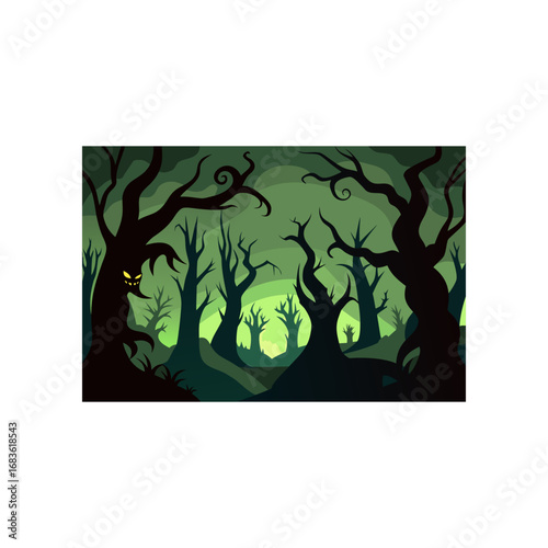 Spooky haunted forest with gnarled twisted trees and glowing yellow eyes on a dark eerie night with a creepy atmosphere and a sense of dread and mystery
