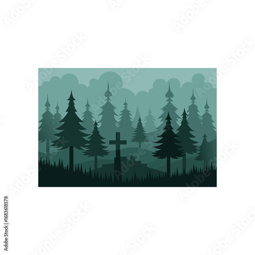 A solitary stone cross stands in a dense misty forest of evergreen trees under a cloudy sky evoking a sense of mystery and solemnity