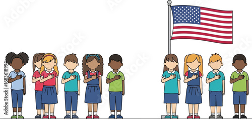 Diverse children pledge allegiance to flag in classroom setting