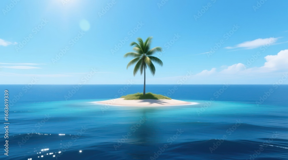 Obraz premium Solitary palm tree on small, sandy island in tranquil ocean