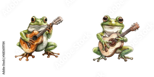 cute frog playing guitar watercolor vector illustration
