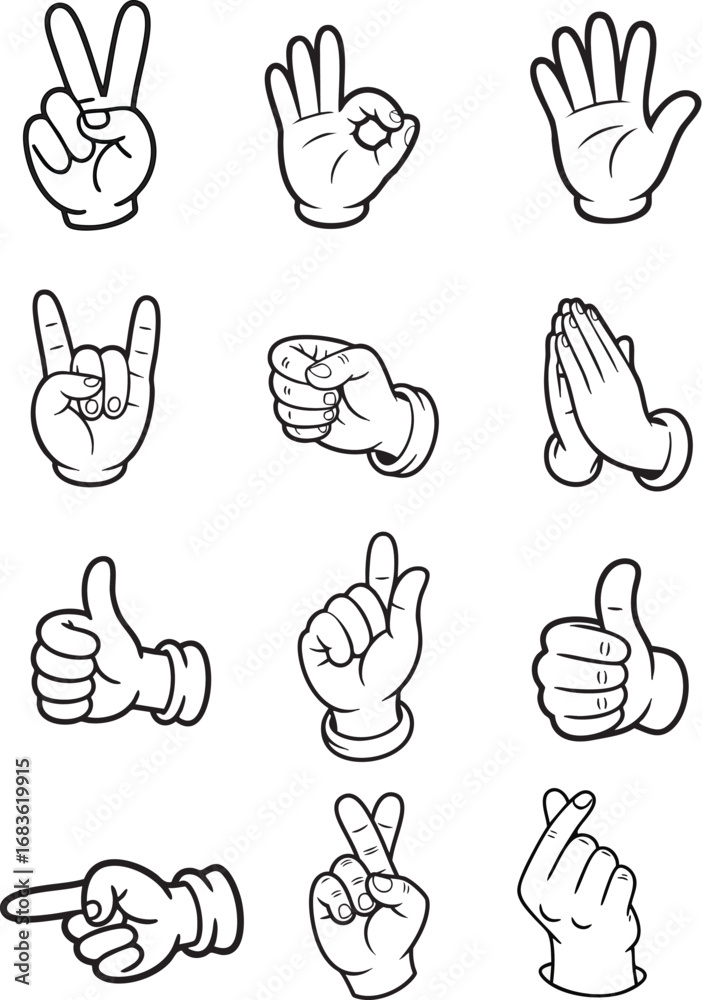Fototapeta premium Hand Gesture Icons Set, Black and White Cartoon Vector Hands Showing Signs and Symbols