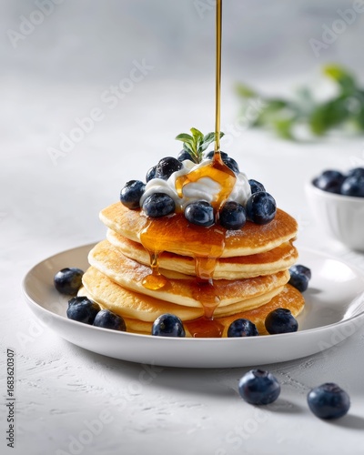 A tall stack of fluffy pancakes topped with fresh blueberries, whipped cream, and a drizzle of golden syrup. Perfect breakfast or brunch treat on a bright, clean background.