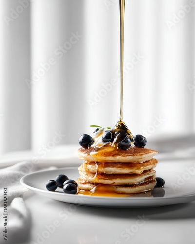 Delicious stack of fluffy pancakes topped with fresh blueberries and golden honey dripping down. Perfect breakfast served on white plate with natural light.