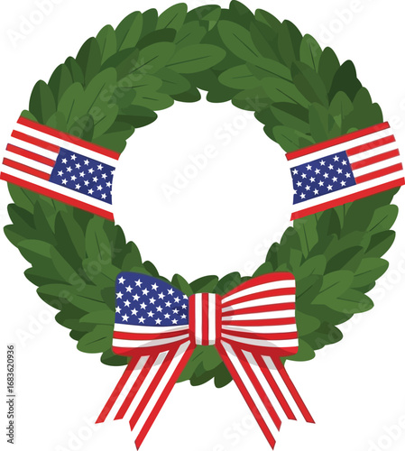 Patriotic wreath with American flags and bow honors heroes