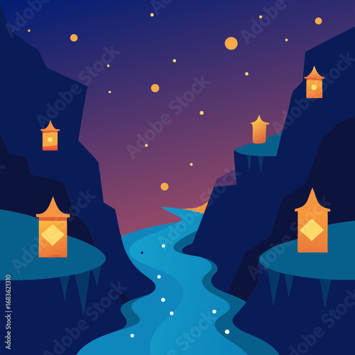Vector art of mountain canyon with river and lanterns under starry night sky