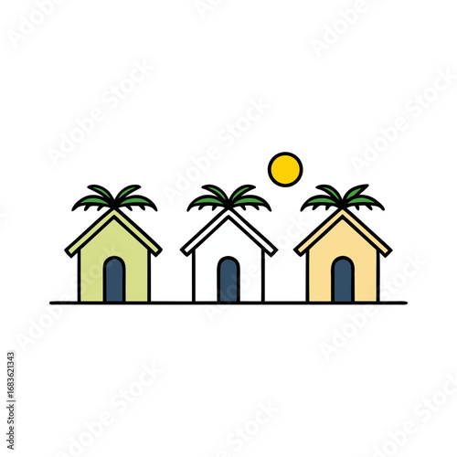 Vector art of three simple beach huts with palm trees and sun
