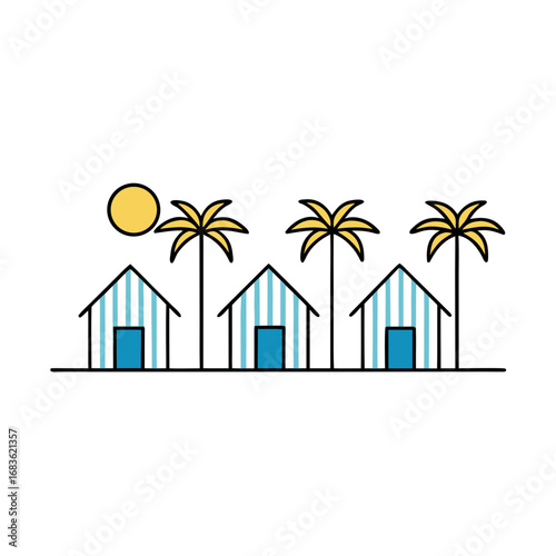 Vector art of four beach huts with palm trees and sun