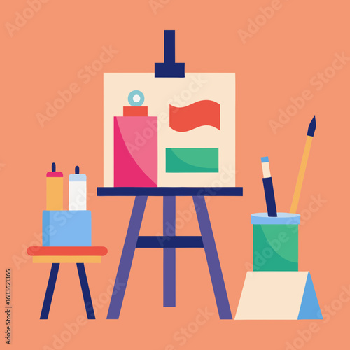 Vector art of artistic easel with painting supplies and brushes on an orange background