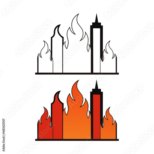 Vector art of city skyline with buildings on fire