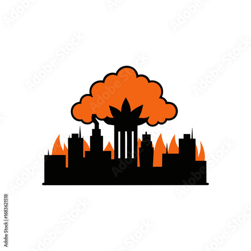 Vector art of city silhouette with mushroom cloud