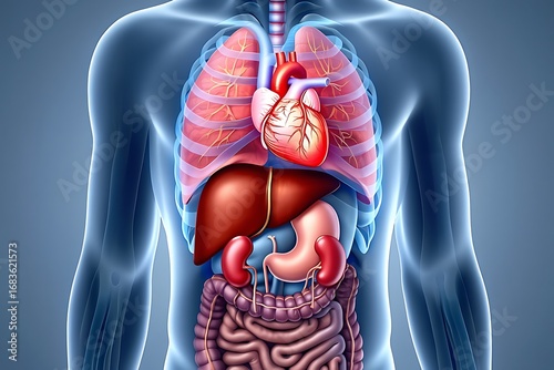Detailed 3d medical visualization of human anatomy featuring organs and circulatory system
