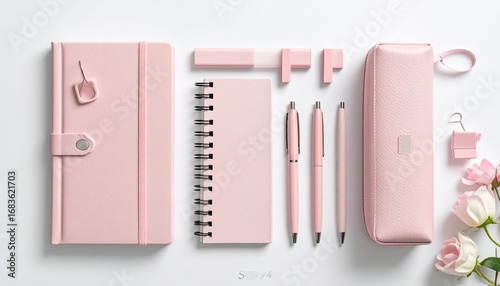 Pastel pink stationery arranged on a white background.  Flat lay showcasing a collection of notebooks, pens, a pencil case, and clips, with delicate rose blossoms