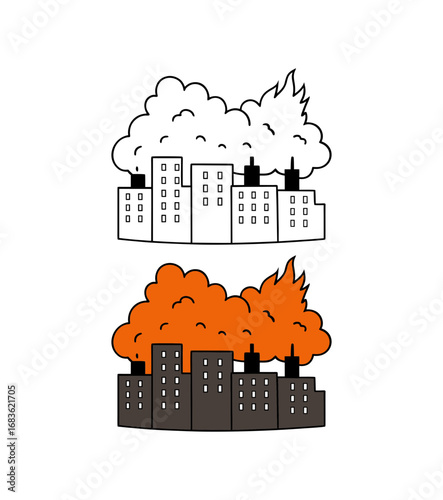 Vector art of city skyline with smoke or clouds