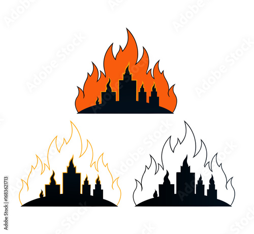 Vector art of city skyline silhouette on fire and outline