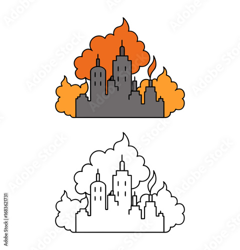 Vector art of city skyline silhouette with fire and smoke