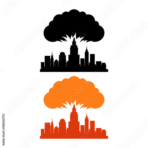 Vector art of city skyline silhouette with explosion and outline