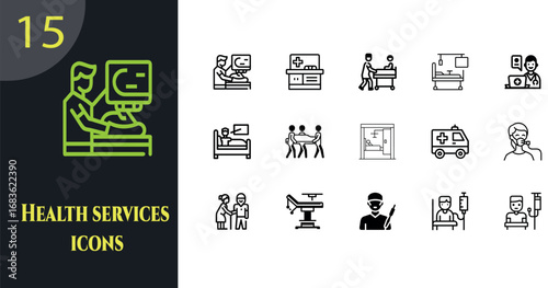 A set of simple line art icons depicting various medical professionals, equipment, and services in a healthcare setting.