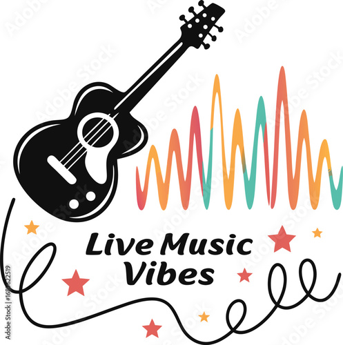 Black guitar silhouette with colorful sound waves and stars